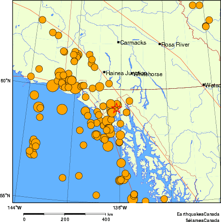 carte des séismes historiques de magnitude 5,0 et plus.  Détails dans le tableau de données ci-dessous