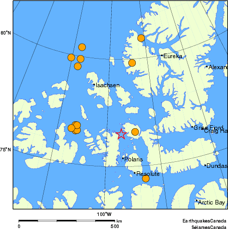 carte des séismes historiques de magnitude 5,0 et plus.  Détails dans le tableau de données ci-dessous