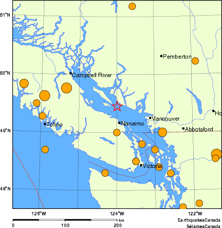 Map of historical earthquakes magnitude 5.0 and larger.  Details in the data table below