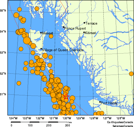 Map of historical earthquakes magnitude 5.0 and larger.  Details in the data table below