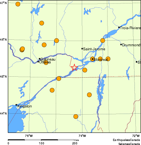 Map of historical earthquakes magnitude 5.0 and larger.  Details in the data table below