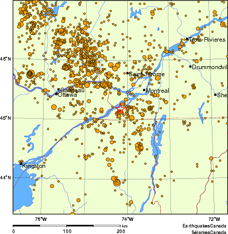 carte des des séismes de magnitude 2,0 et plus depuis 2000