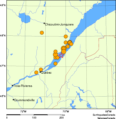 Map of historical earthquakes magnitude 5.0 and larger.  Details in the data table below