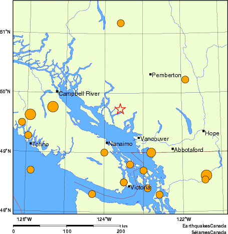 Map of historical earthquakes magnitude 5.0 and larger.  Details in the data table below