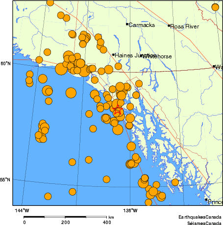 carte des séismes historiques de magnitude 5,0 et plus.  Détails dans le tableau de données ci-dessous