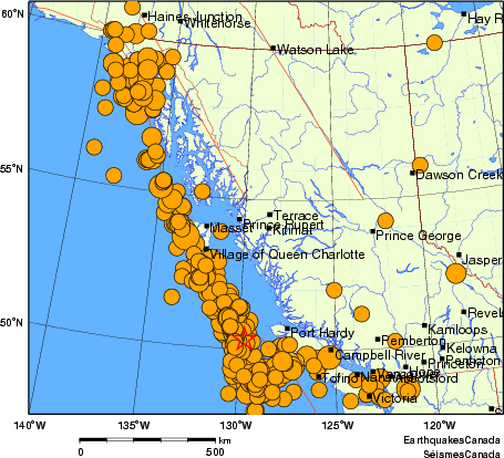 carte des séismes historiques de magnitude 5,0 et plus.  Détails dans le tableau de données ci-dessous