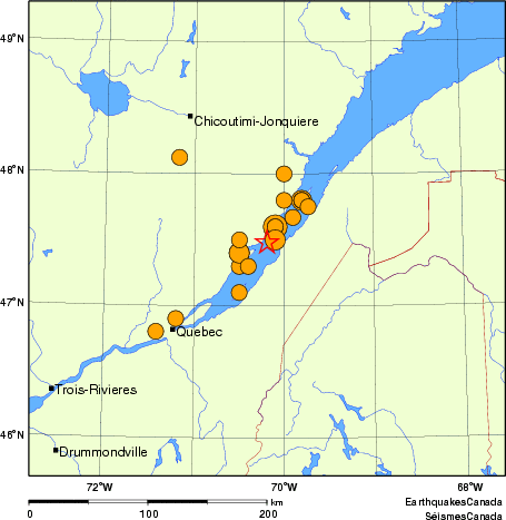 carte des séismes historiques de magnitude 5,0 et plus.  Détails dans le tableau de données ci-dessous