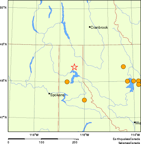 carte des séismes historiques de magnitude 5,0 et plus.  Détails dans le tableau de données ci-dessous