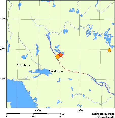 Map of historical earthquakes magnitude 5.0 and larger.  Details in the data table below