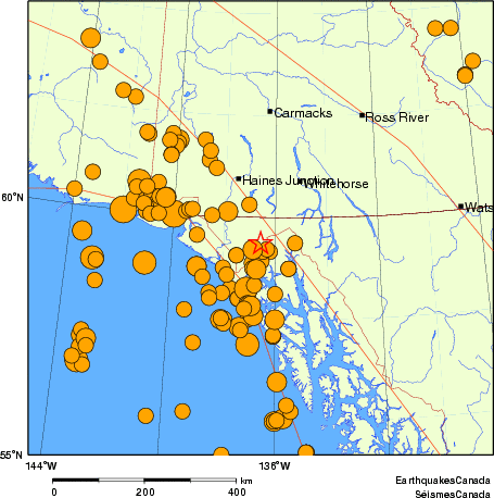 Map of historical earthquakes magnitude 5.0 and larger.  Details in the data table below