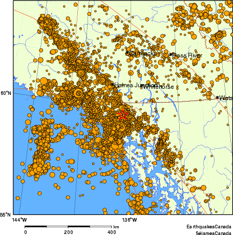 carte des des séismes de magnitude 2,0 et plus depuis 2000