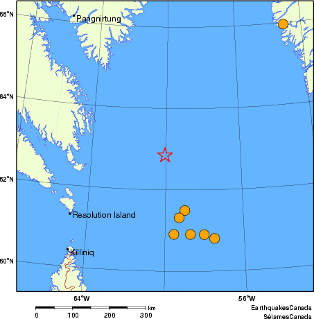 carte des séismes historiques de magnitude 5,0 et plus.  Détails dans le tableau de données ci-dessous