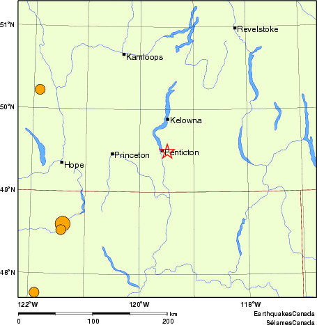 Map of historical earthquakes magnitude 5.0 and larger.  Details in the data table below