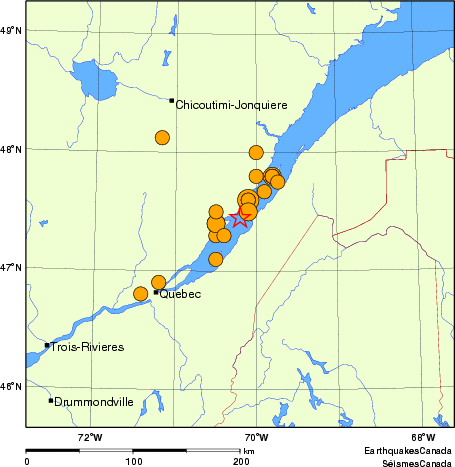 carte des séismes historiques de magnitude 5,0 et plus.  Détails dans le tableau de données ci-dessous