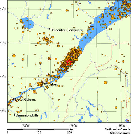 carte des des séismes de magnitude 2,0 et plus depuis 2000