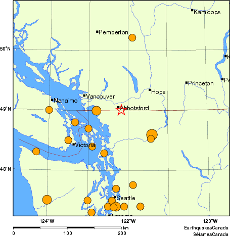 carte des séismes historiques de magnitude 5,0 et plus.  Détails dans le tableau de données ci-dessous