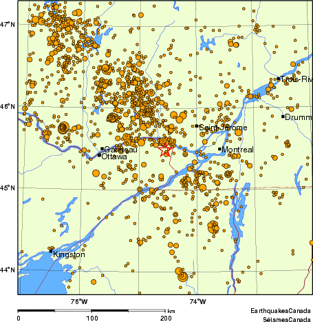 carte des des séismes de magnitude 2,0 et plus depuis 2000