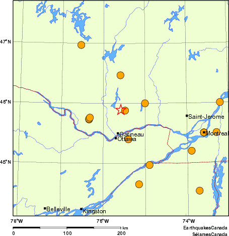 Map of historical earthquakes magnitude 5.0 and larger.  Details in the data table below