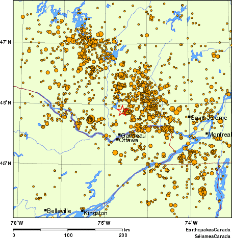 carte des des séismes de magnitude 2,0 et plus depuis 2000