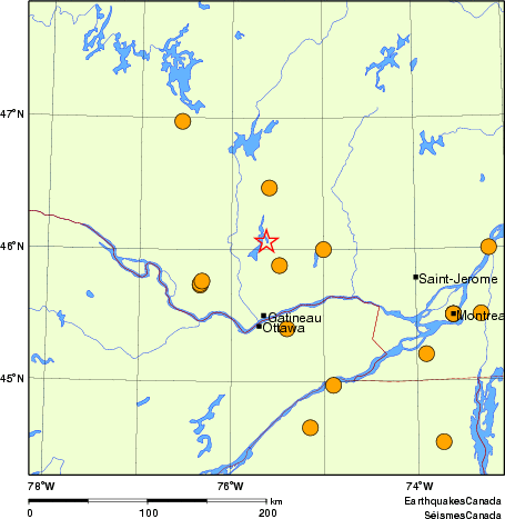 Map of historical earthquakes magnitude 5.0 and larger.  Details in the data table below