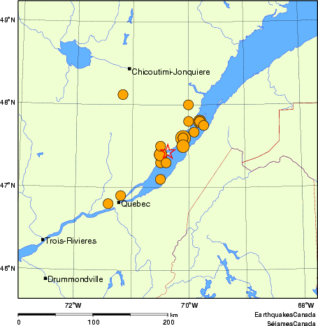 carte des séismes historiques de magnitude 5,0 et plus.  Détails dans le tableau de données ci-dessous