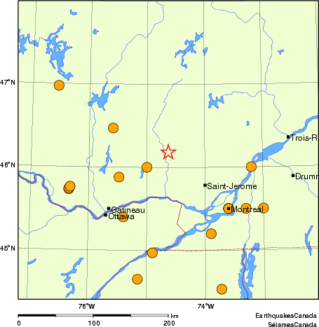 Map of historical earthquakes magnitude 5.0 and larger.  Details in the data table below