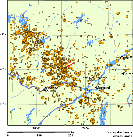 carte des des séismes de magnitude 2,0 et plus depuis 2000