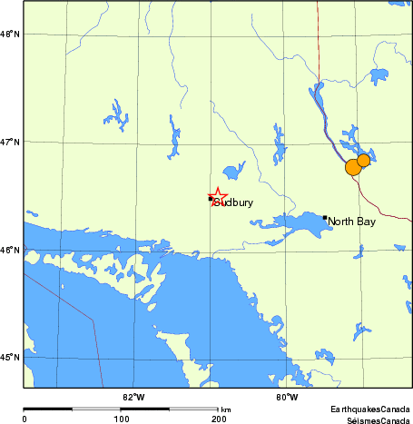 Map of historical earthquakes magnitude 5.0 and larger.  Details in the data table below