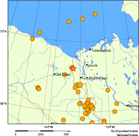 Map of historical earthquakes magnitude 5.0 and larger.  Details in the data table below