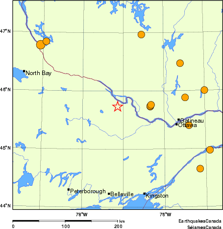 Map of historical earthquakes magnitude 5.0 and larger.  Details in the data table below