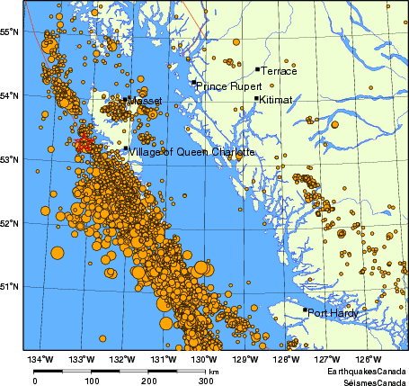 carte des des séismes de magnitude 2,0 et plus depuis 2000