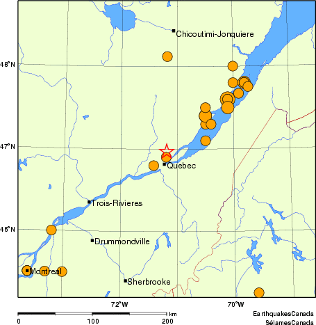 carte des séismes historiques de magnitude 5,0 et plus.  Détails dans le tableau de données ci-dessous