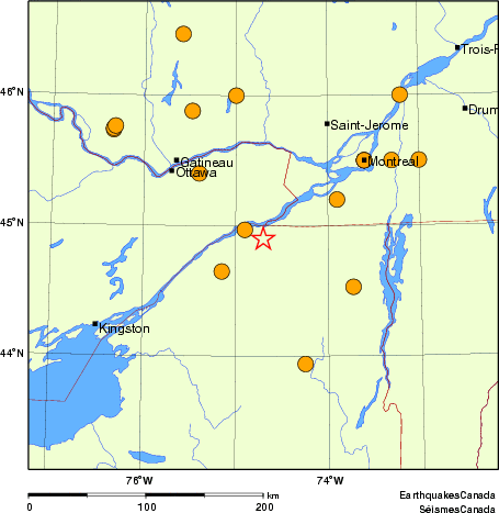 Map of historical earthquakes magnitude 5.0 and larger.  Details in the data table below