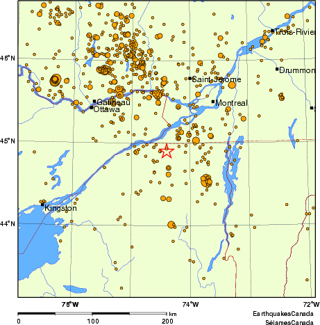 carte des des séismes de magnitude 2,0 et plus depuis 2000