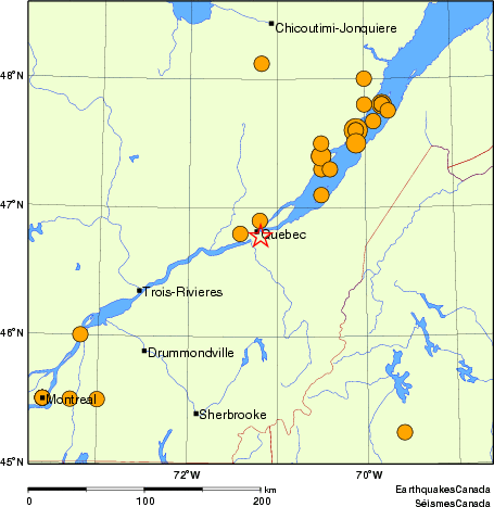 Map of historical earthquakes magnitude 5.0 and larger.  Details in the data table below