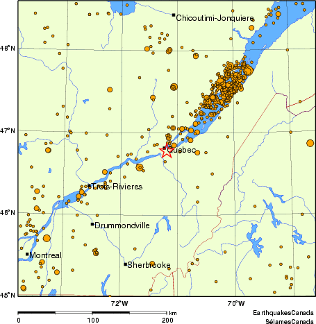 carte des des séismes de magnitude 2,0 et plus depuis 2000