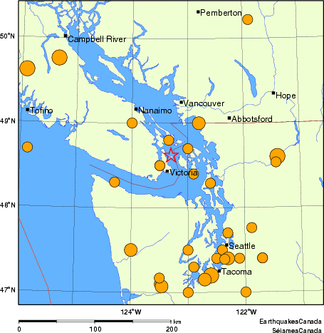 Map of historical earthquakes magnitude 5.0 and larger.  Details in the data table below