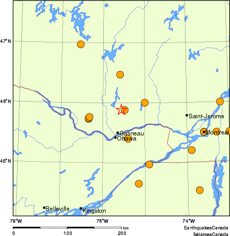 Map of historical earthquakes magnitude 5.0 and larger.  Details in the data table below