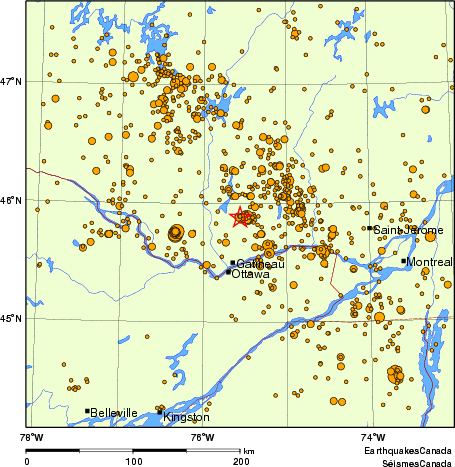 carte des des séismes de magnitude 2,0 et plus depuis 2000