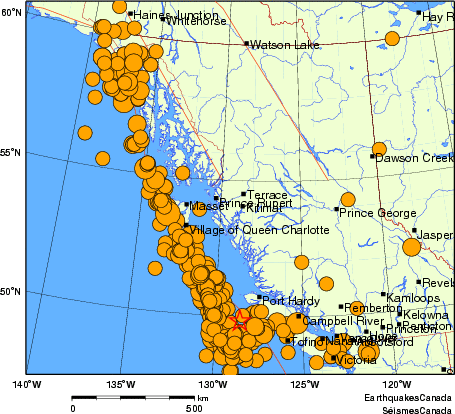 carte des séismes historiques de magnitude 5,0 et plus.  Détails dans le tableau de données ci-dessous