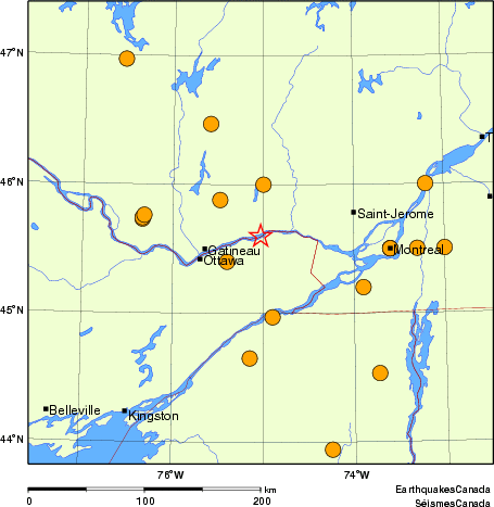 Map of historical earthquakes magnitude 5.0 and larger.  Details in the data table below