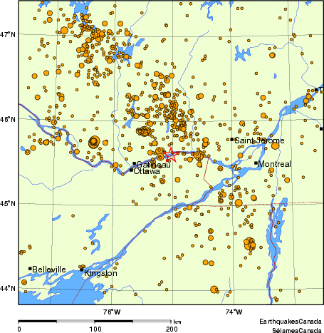 carte des des séismes de magnitude 2,0 et plus depuis 2000