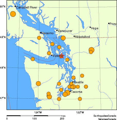 Map of historical earthquakes magnitude 5.0 and larger.  Details in the data table below