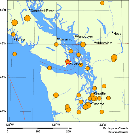 Map of historical earthquakes magnitude 5.0 and larger.  Details in the data table below