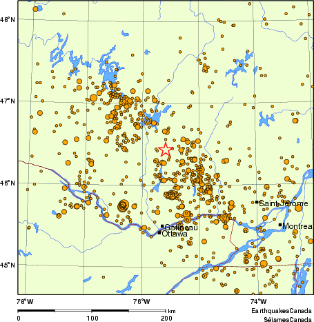 carte des des séismes de magnitude 2,0 et plus depuis 2000