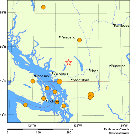 Map of historical earthquakes magnitude 5.0 and larger.  Details in the data table below