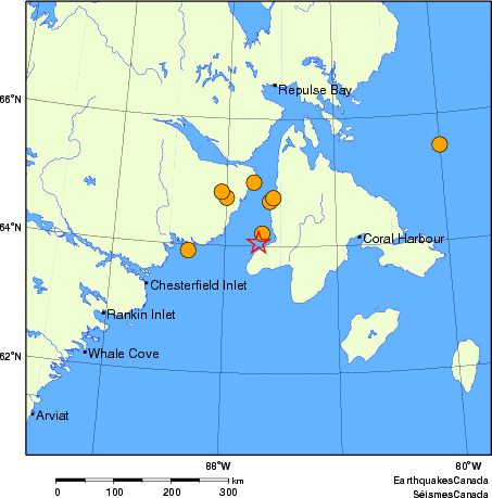 Map of historical earthquakes magnitude 5.0 and larger.  Details in the data table below