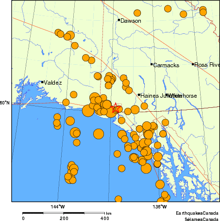 Map of historical earthquakes magnitude 5.0 and larger.  Details in the data table below