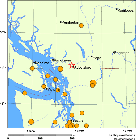 Map of historical earthquakes magnitude 5.0 and larger.  Details in the data table below