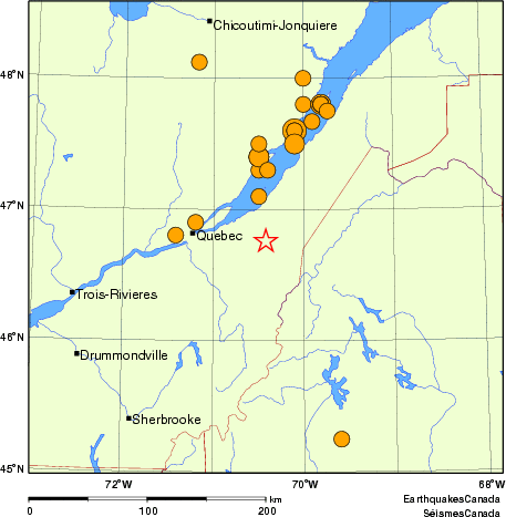 carte des séismes historiques de magnitude 5,0 et plus.  Détails dans le tableau de données ci-dessous